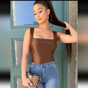 Brown Square-Neck Faux Leather Tank Top